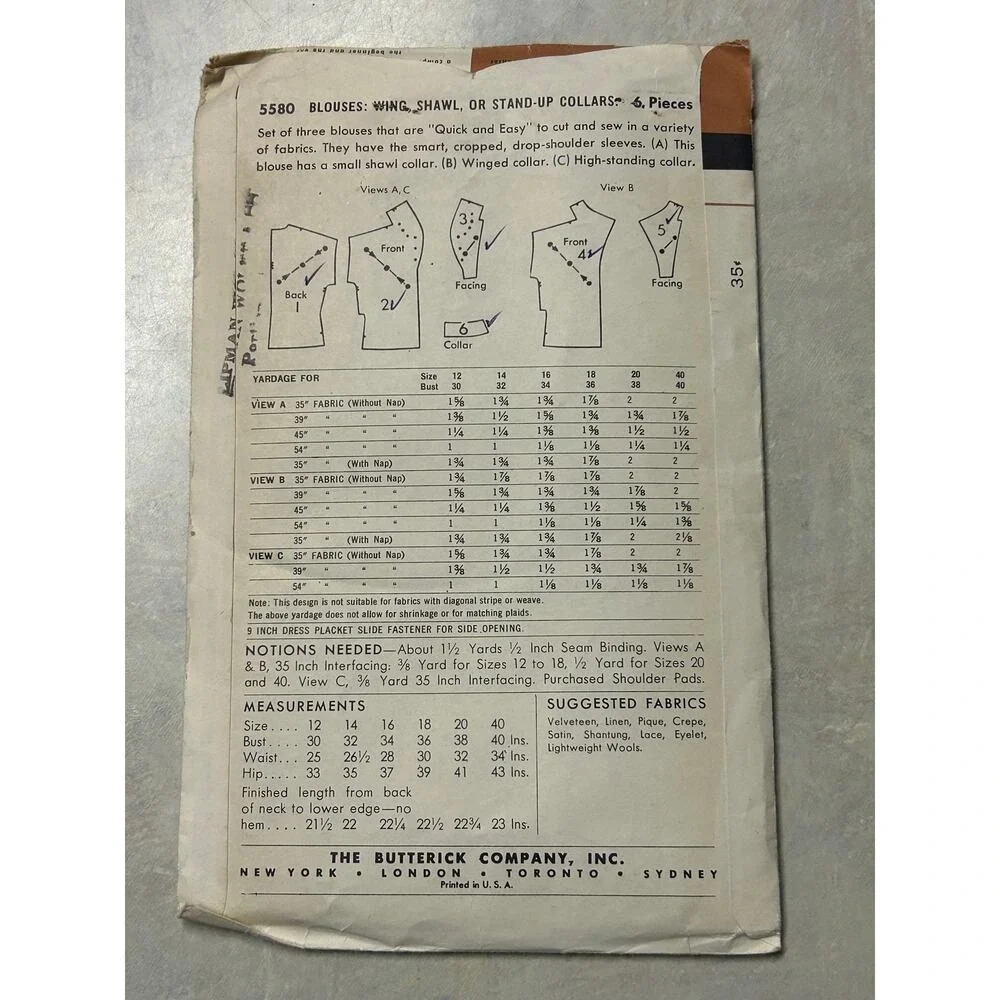 Vintage 1950's Butterick Quick Easy Pattern #5580 Womens Blouses Size 16 Bust 34